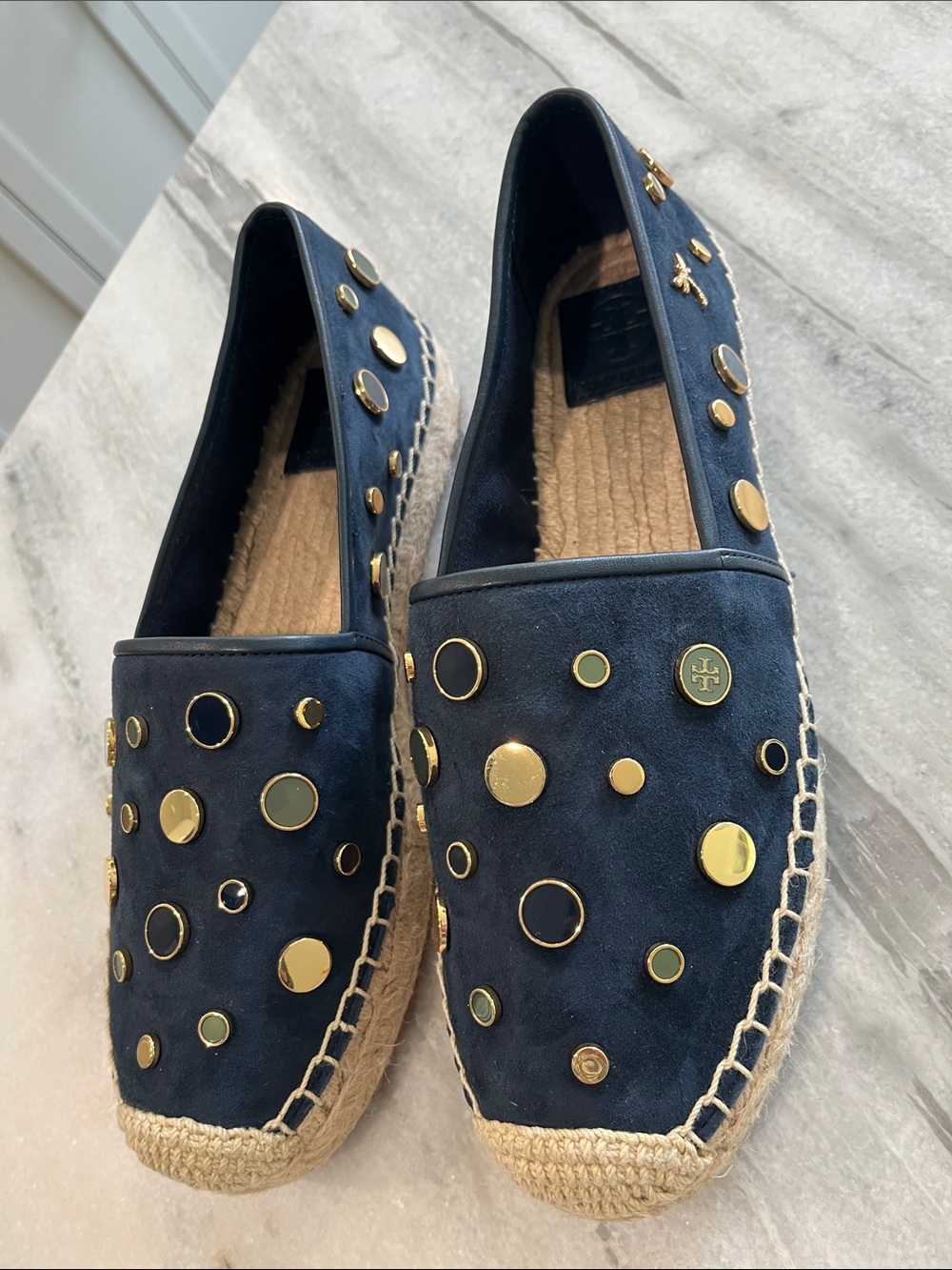 Tory Burch Navy Studded Espadrille Slip-Ons with Gold Accents NWOT